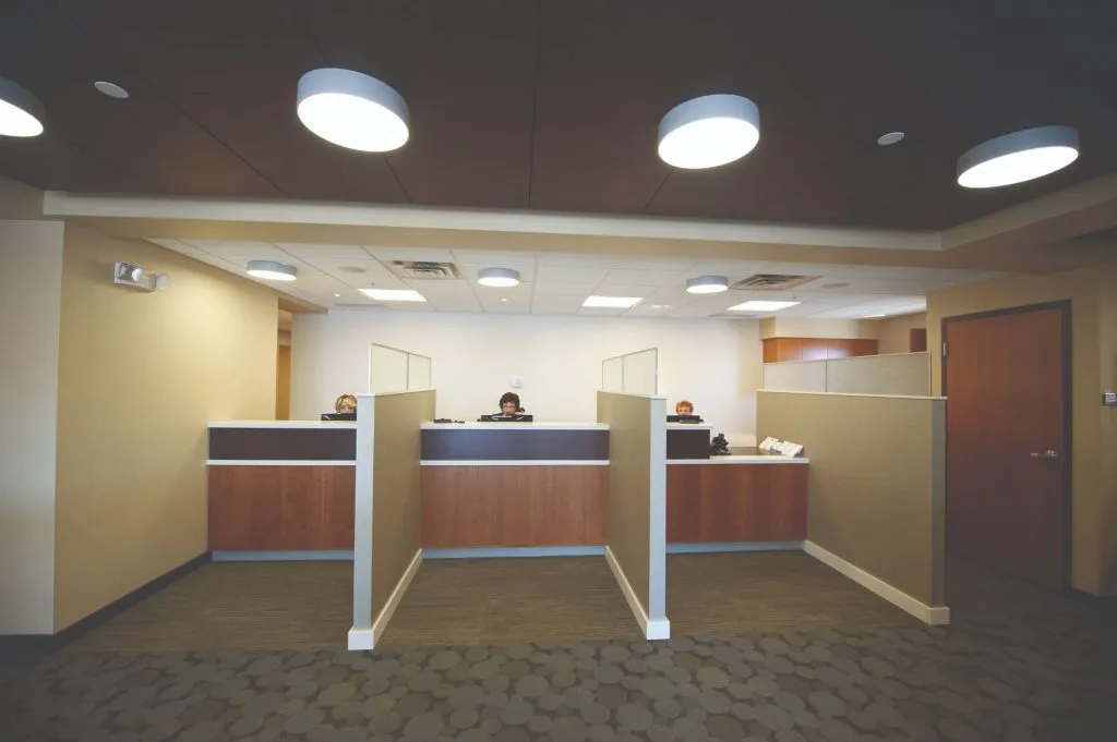 Office tour of reception area looking straight on