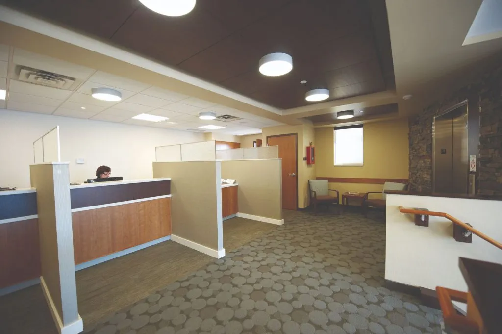 Office tour of reception area looking on an angle