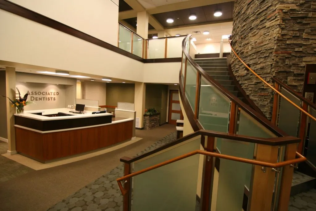 Front desk office tour view with the stairs in the view