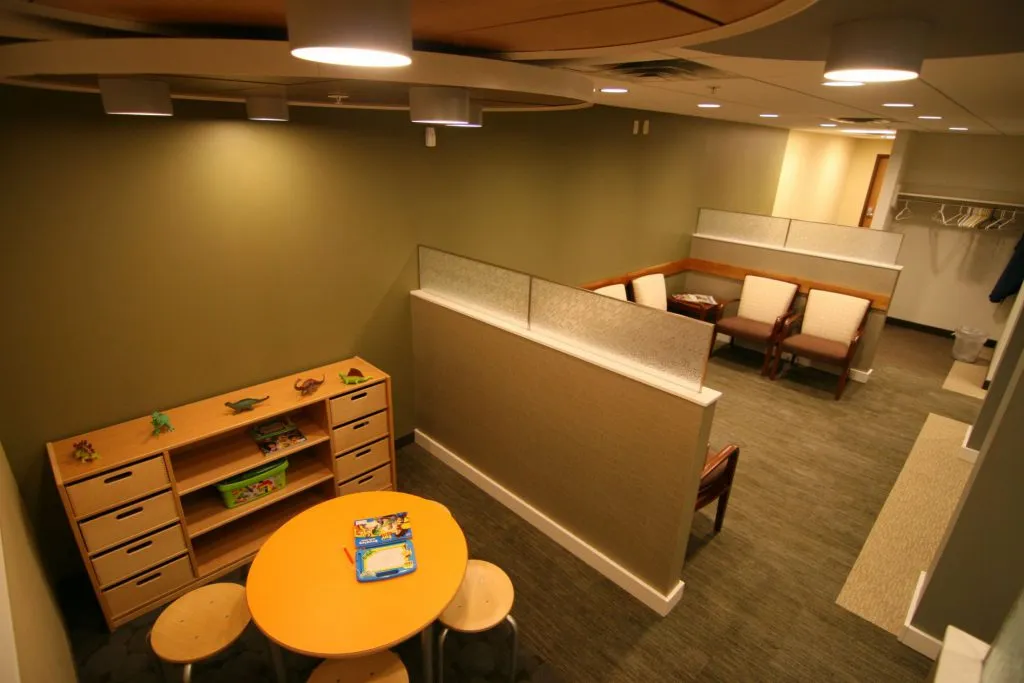 Waiting room view is from the children's area and adult area in background 