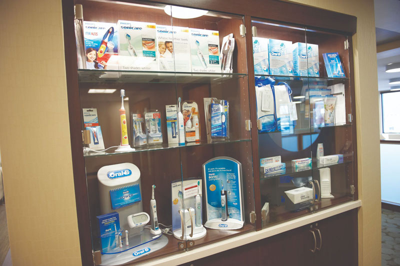 Display of dental products they sell; electric tooth brushes, replacement parts etc.